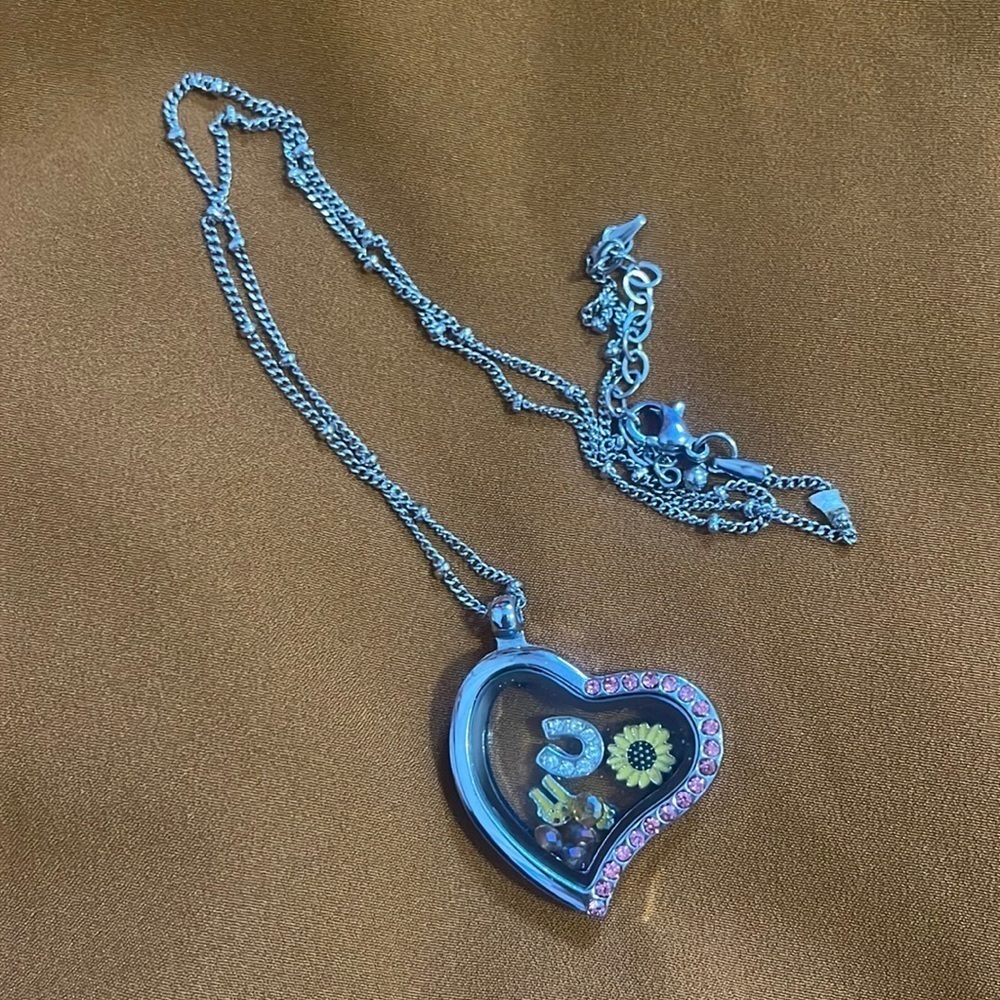 Heart Locket necklace silver chain Fossil
